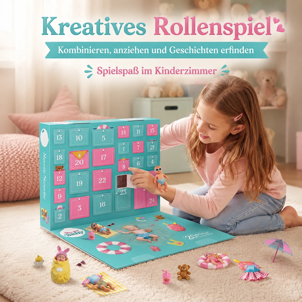 Child arranging mini babies and accessories beside the advent calendar