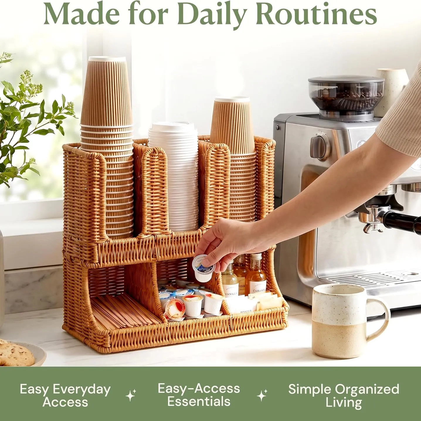 Woven countertop organizer holding cups, lids, stirrers, and coffee condiments