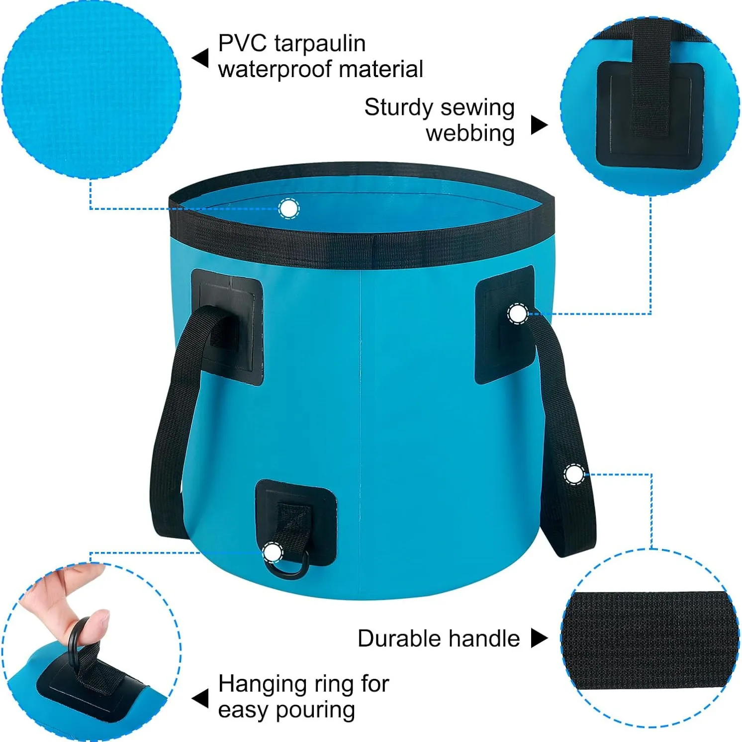 Close-up of PVC tarpaulin body, reinforced webbing handles, and pouring ring