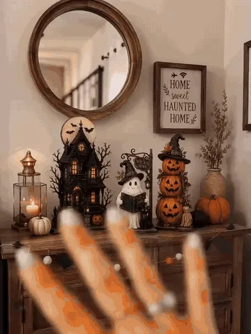 Halloween figurines displayed together with close views of the haunted house, ghost, and pumpkin characters