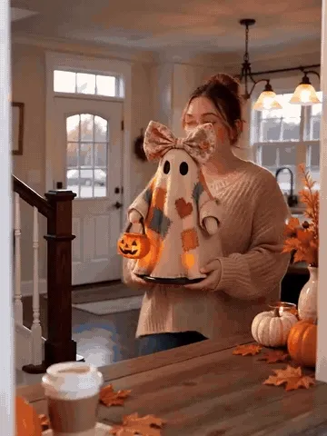 Patchwork ghost decoration glowing in a cozy home