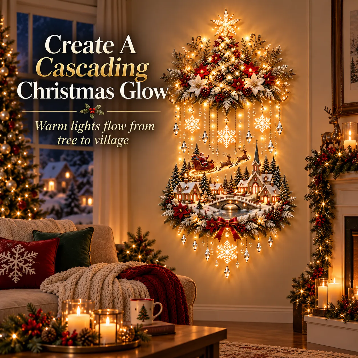 Warm golden illumination arranged from the tree through the cascading section to the snowy village