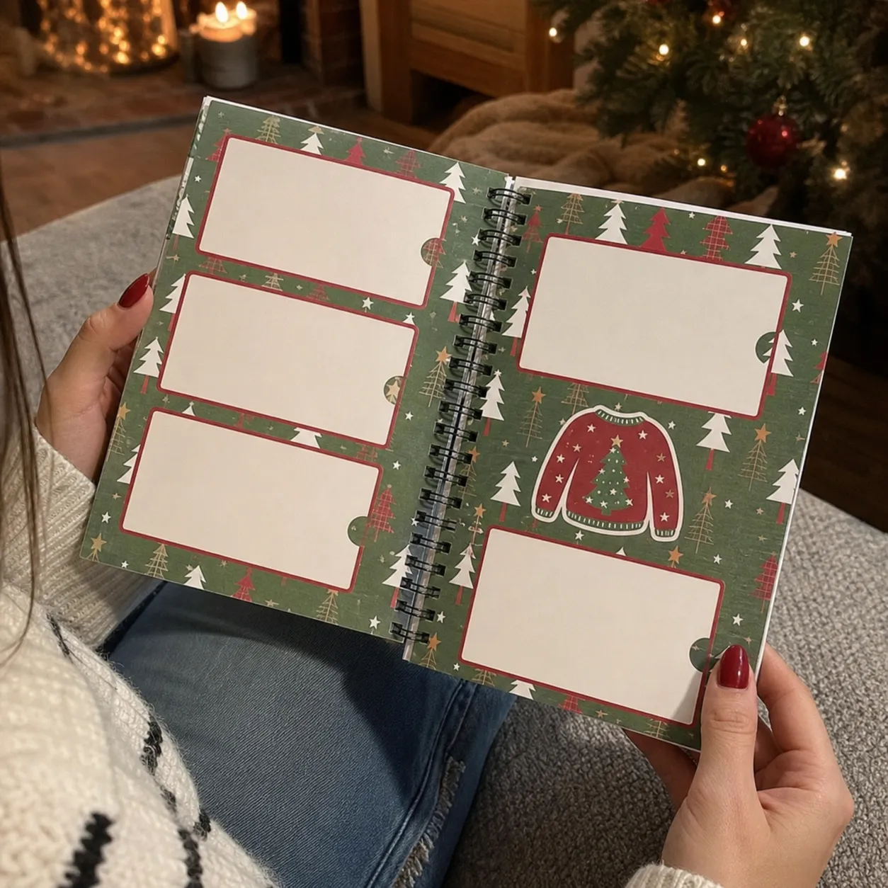 Opening the gift card book by the Christmas tree
