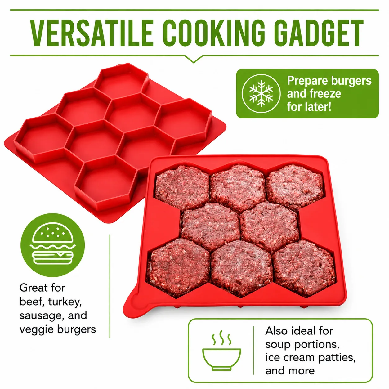 Rectangular red silicone mold with eight hexagonal burger portions