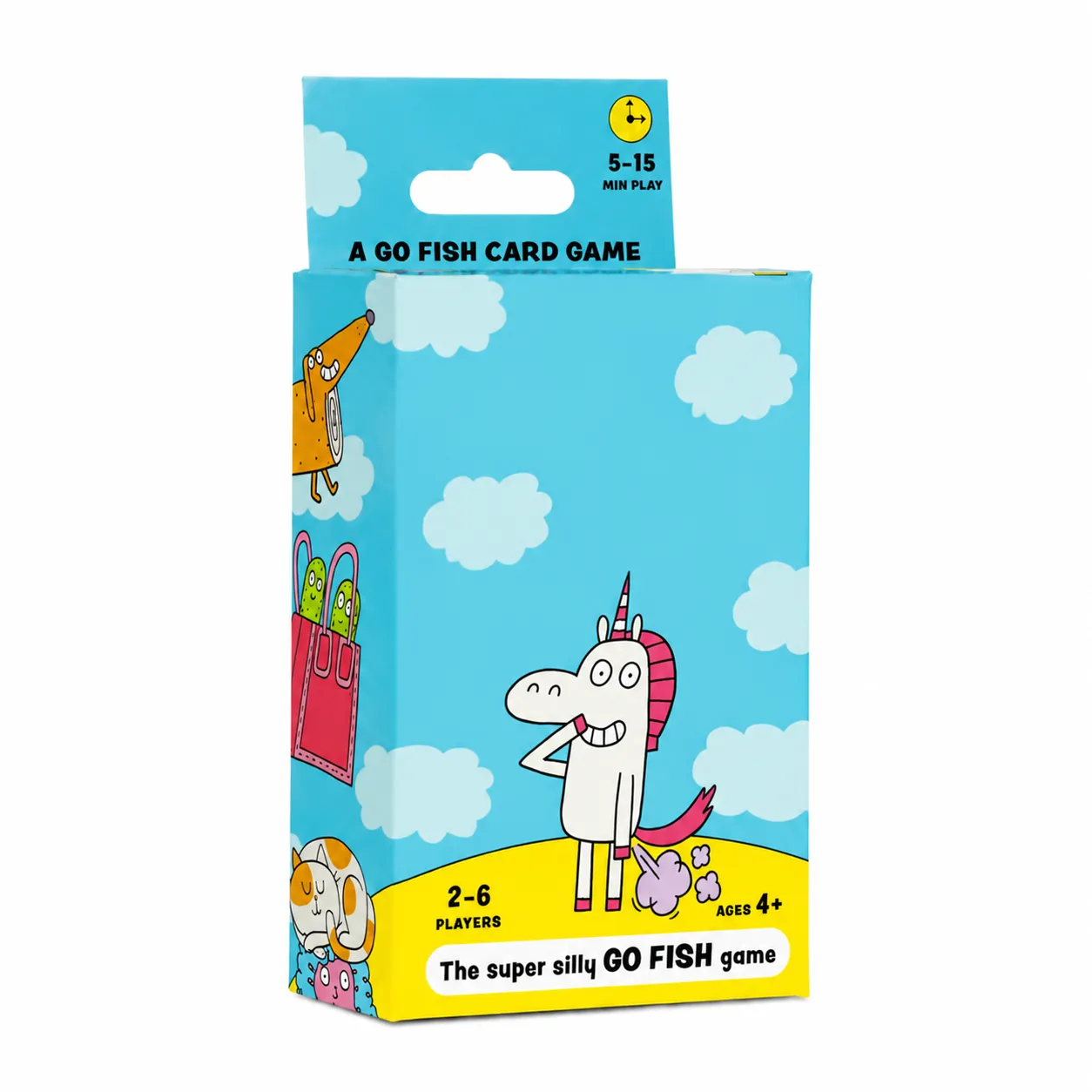 Go Fish card game box with a farting unicorn illustration