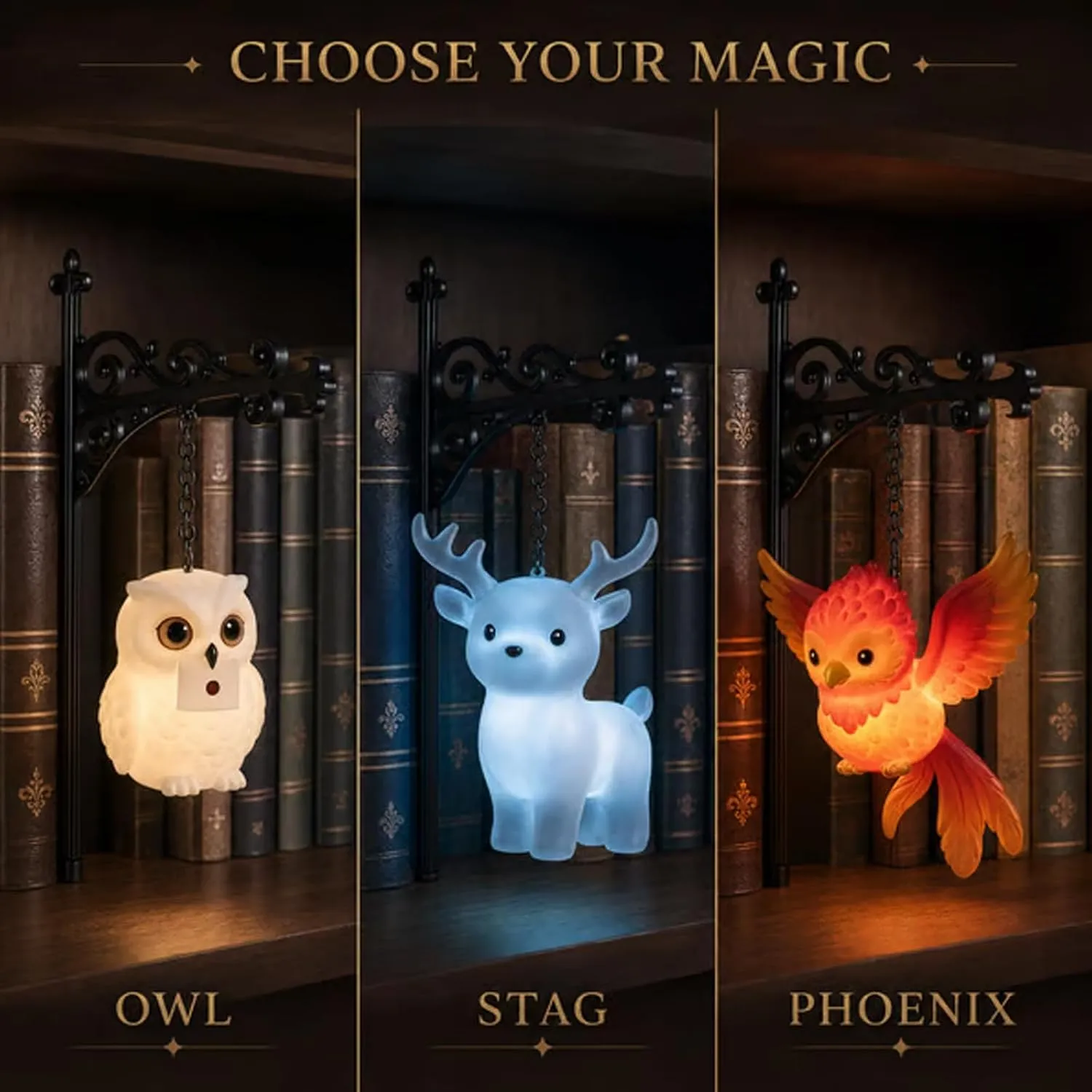 Phoenix, stag, and owl bookshelf light designs