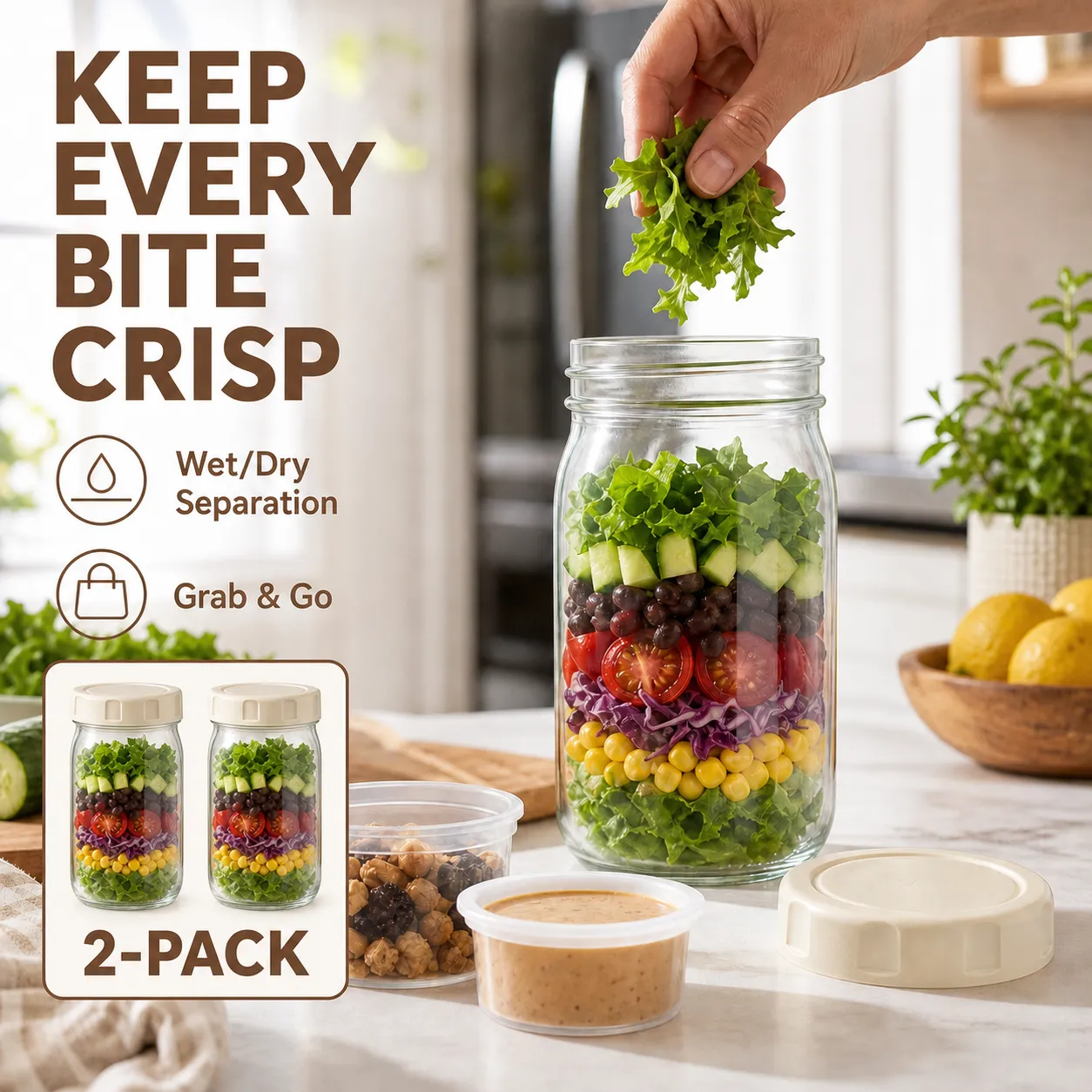 Two-pack of layered glass salad jars with separate wet and dry ingredient cups