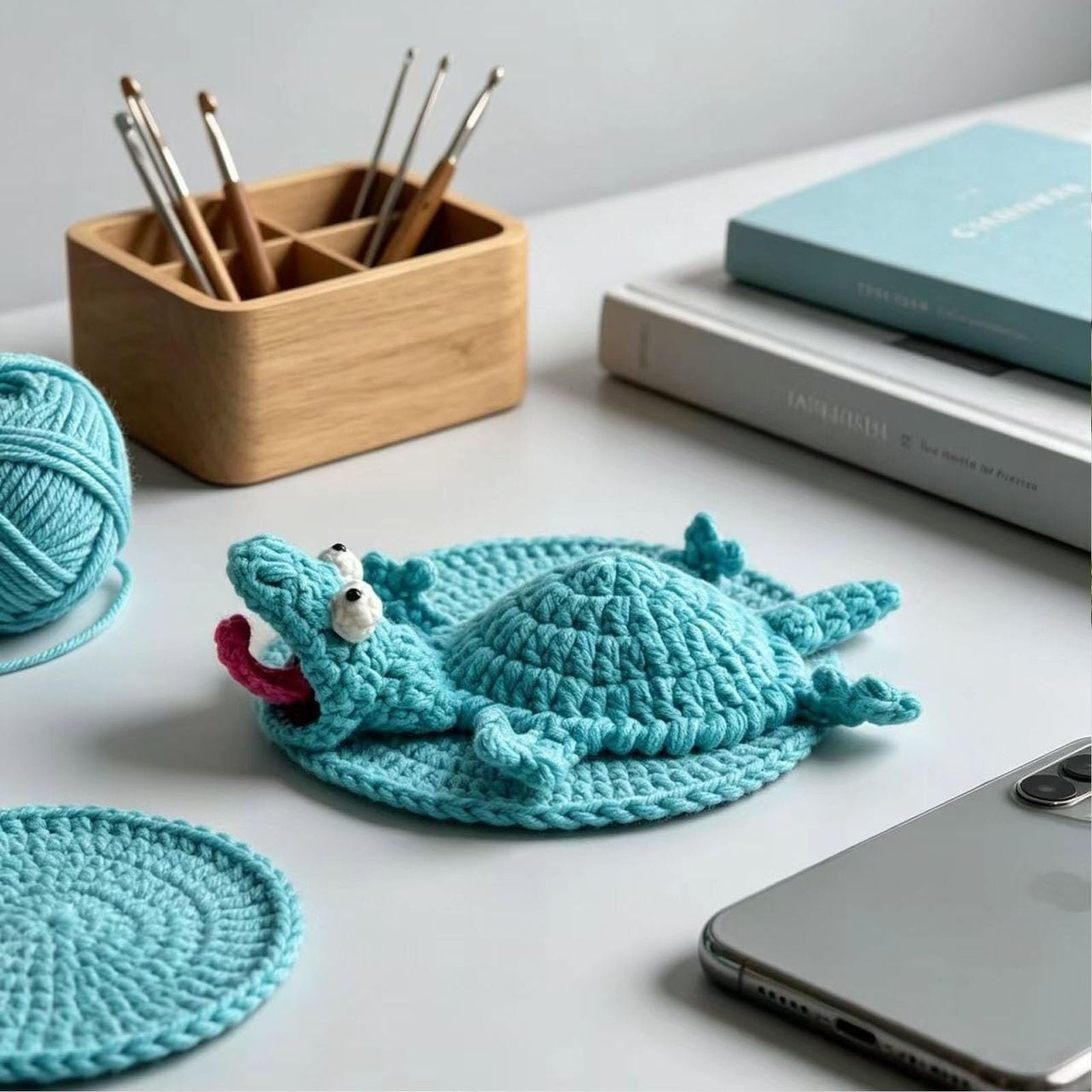 Flat lay of a teal handmade lizard coaster next to cozy crafting yarn balls