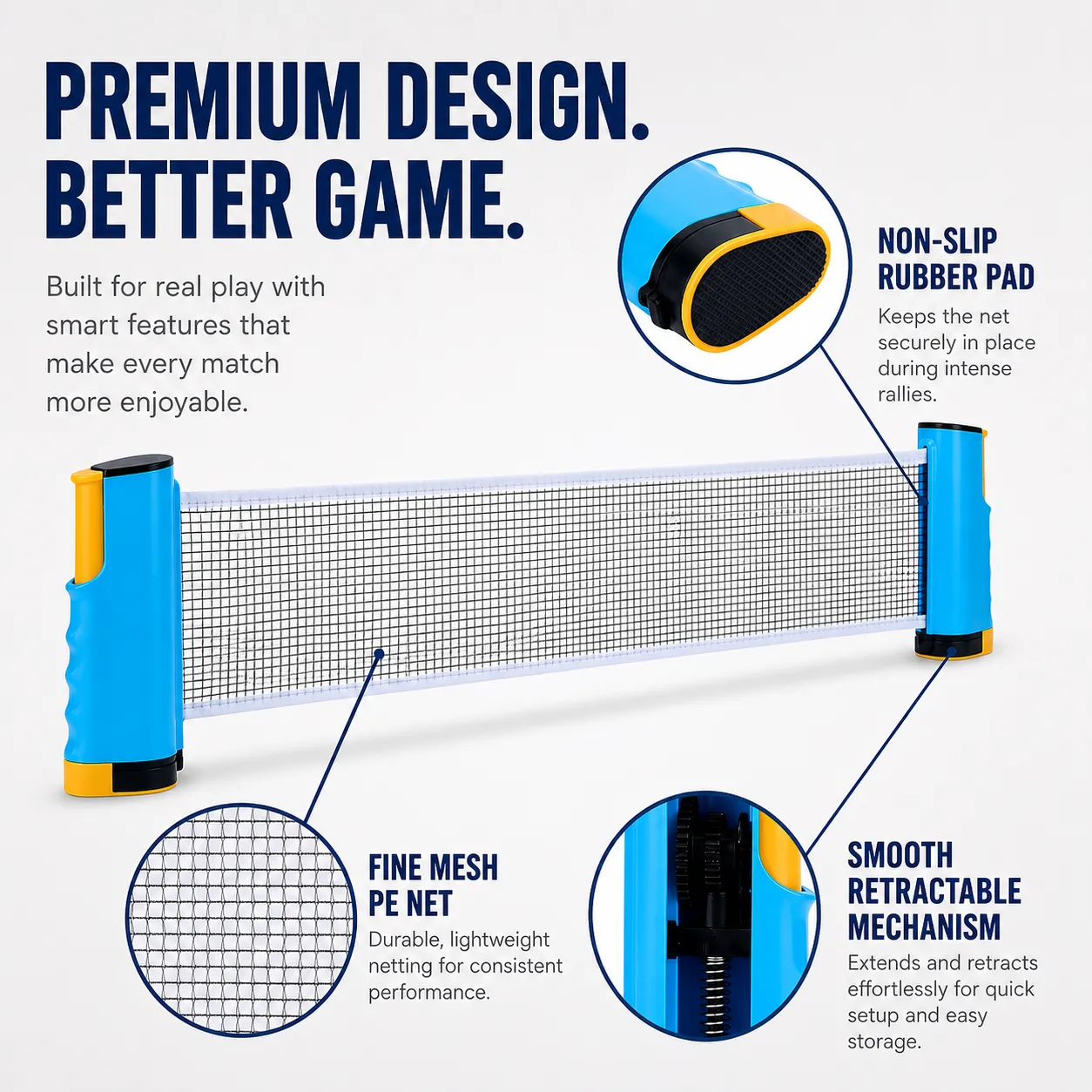 Non-slip pad, fine mesh net and smooth retractable mechanism details