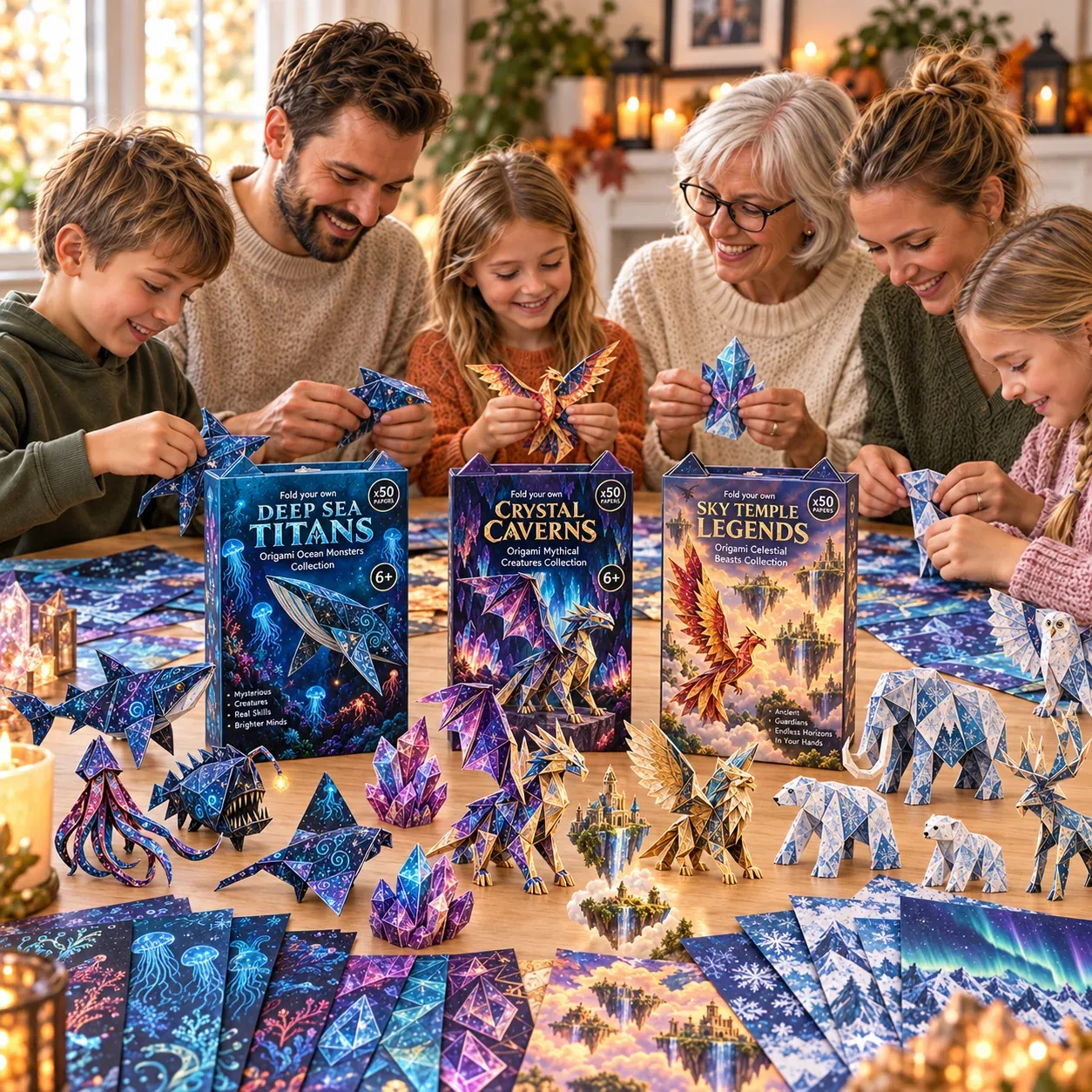Children, parents and a grandparent making fantasy origami together