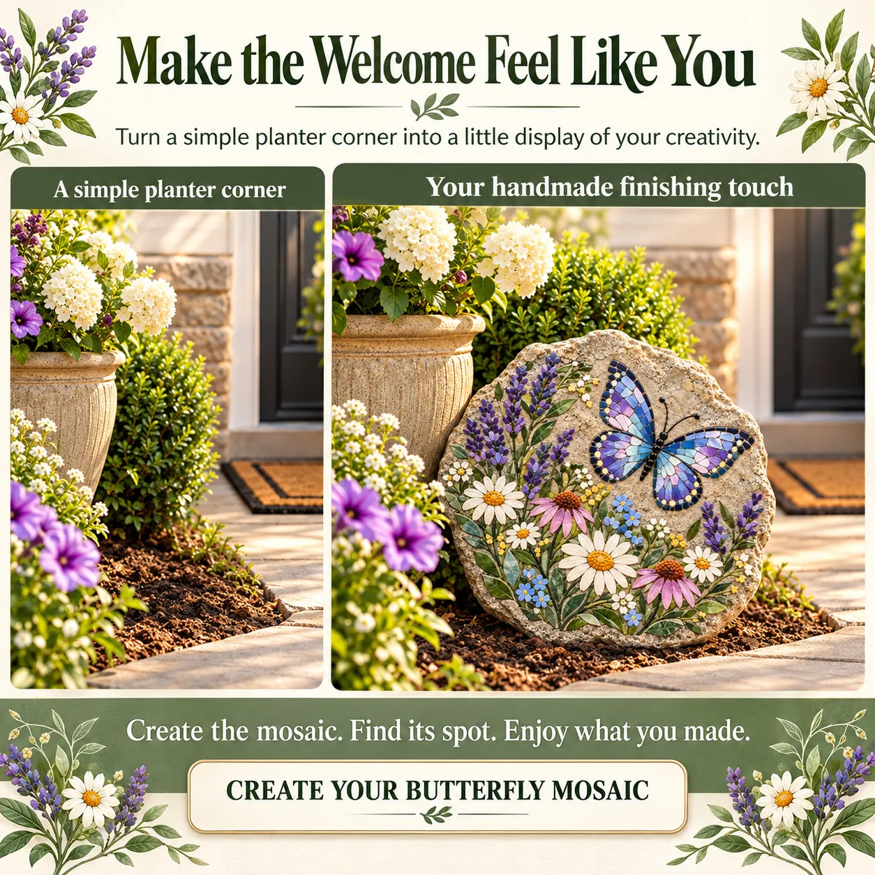 Before and after planter-corner comparison showing the finished butterfly mosaic as a handmade accent