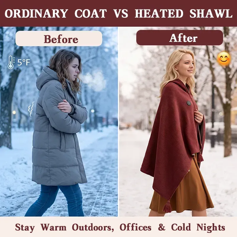 Product illustration comparing an ordinary coat and a wine red heated shawl in a winter outdoor scene