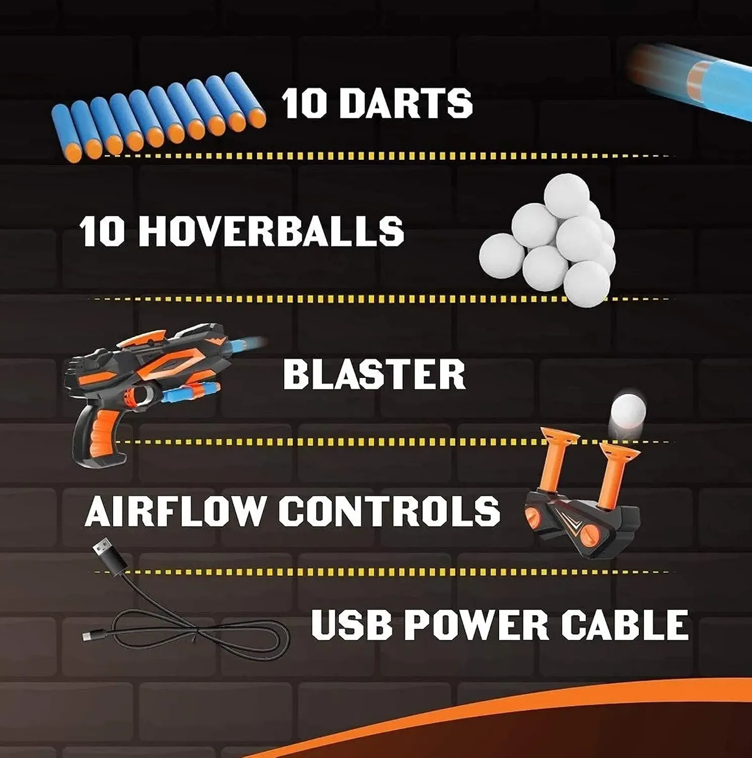 Complete target game kit with darts, hover balls, blaster and USB cable