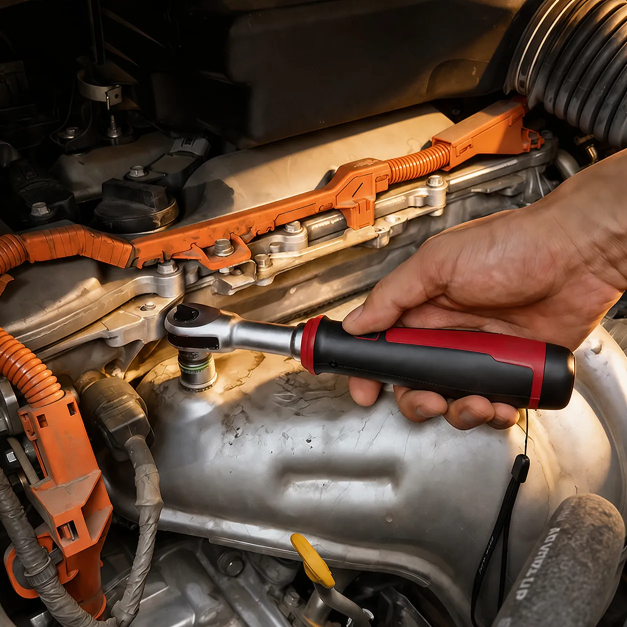 Compact cordless power ratchet being used in an engine bay