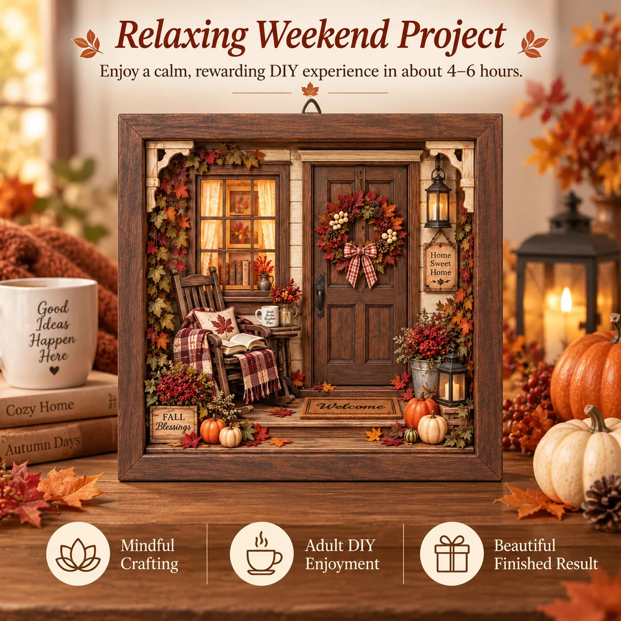 Relaxing adult DIY crafting process assembling the shadow box