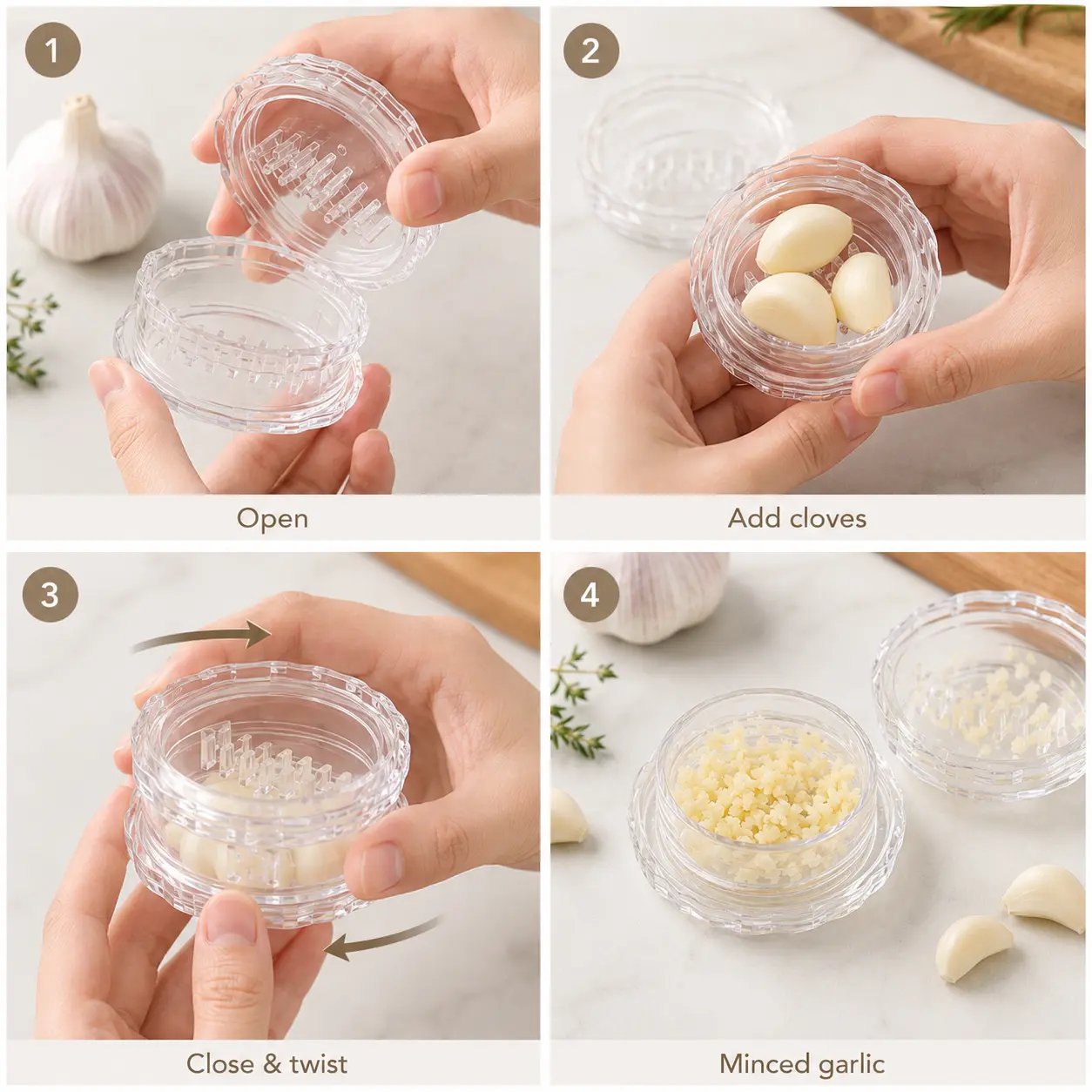 How to use garlic twister: Open, Add cloves, Close and twist, Minced garlic results How to use garlic twister: Open, Add cloves, Close and twist, Minced garlic results