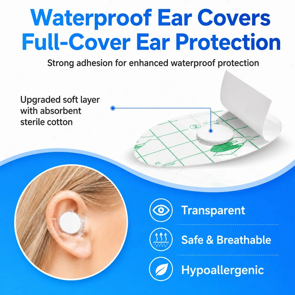 Transparent waterproof ear cover with soft cotton center