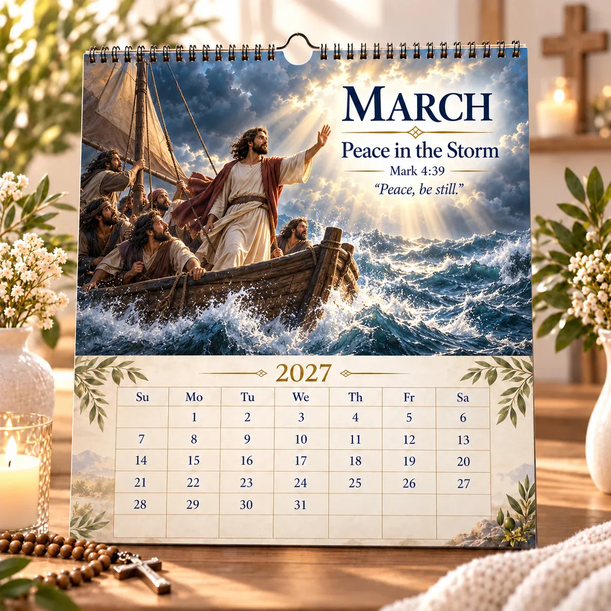 March 2027 page featuring Peace in the Storm and a monthly calendar grid