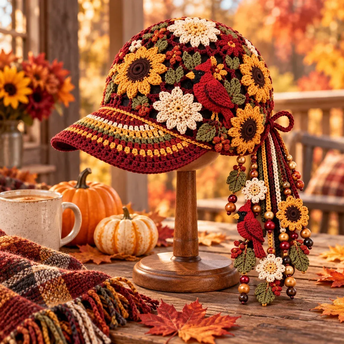 Cardinal Garden cap displayed with pumpkins, a mug and warm autumn textiles