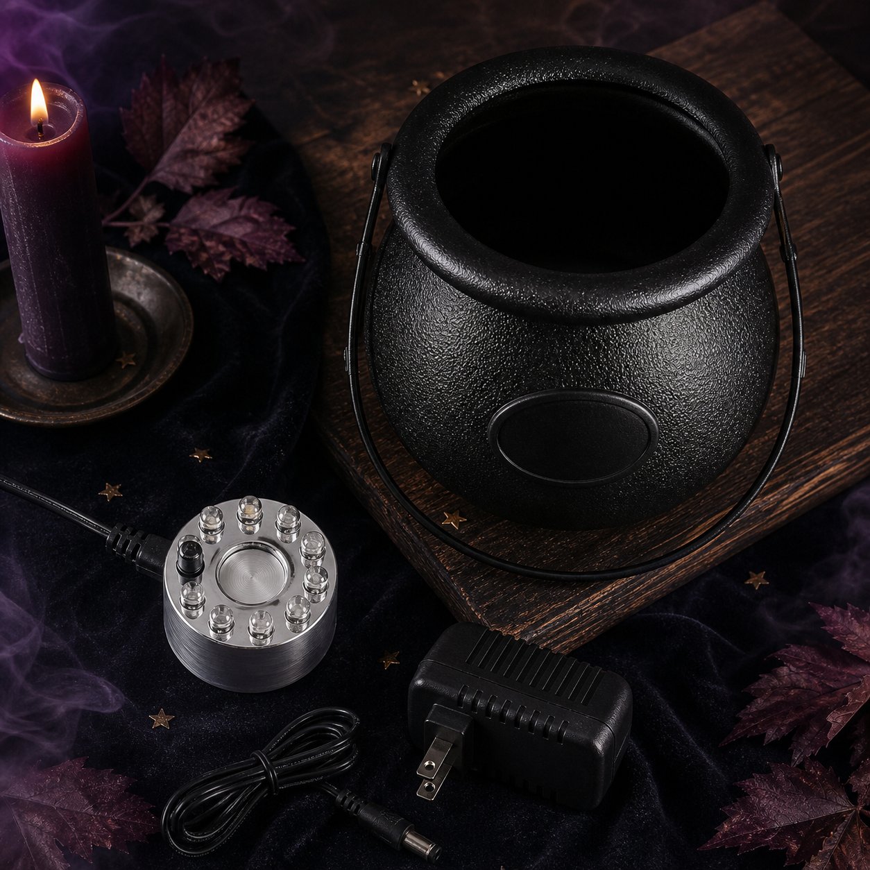 Complete cauldron fogger set on a Halloween flat lay