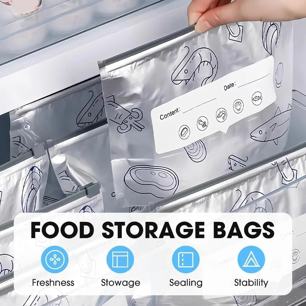 Reusable foil food storage bags with slider closure and stand-up design