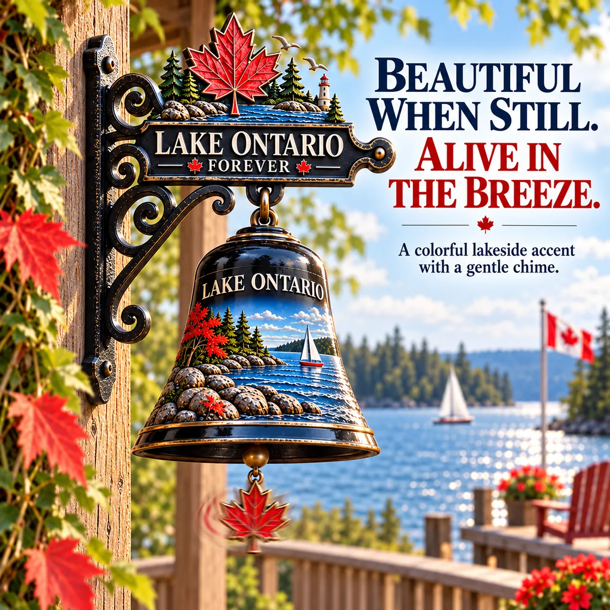 Decorative Lake Ontario hanging bell shown in still lakeside air