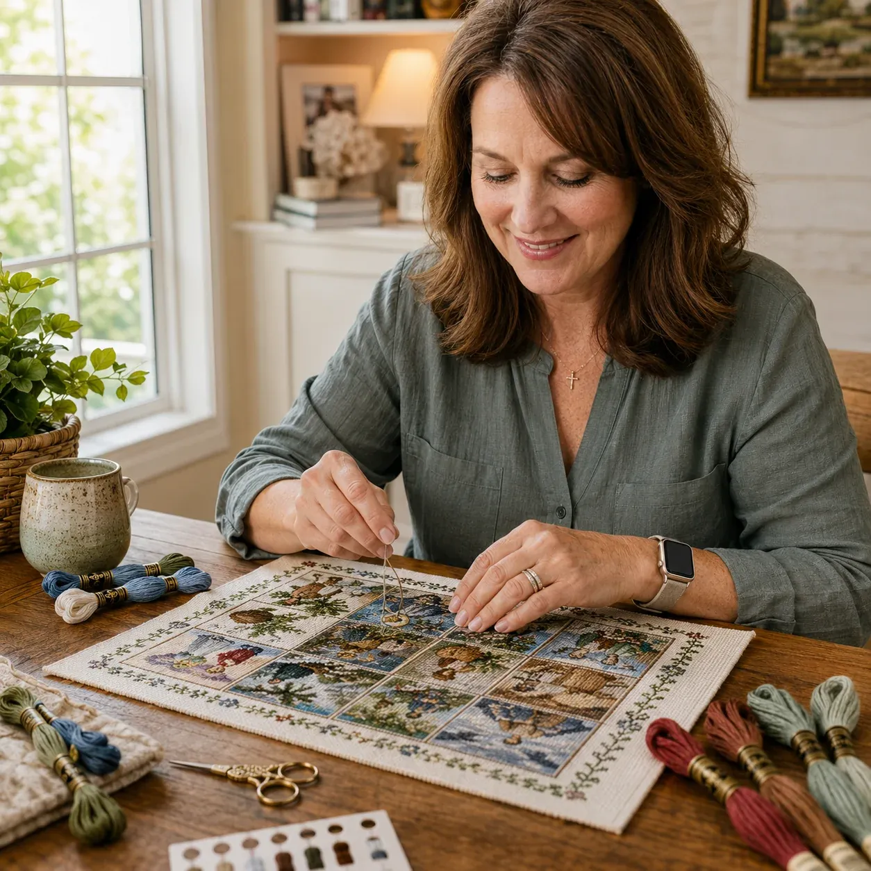 Woman enjoying a quiet Christian cross stitch project