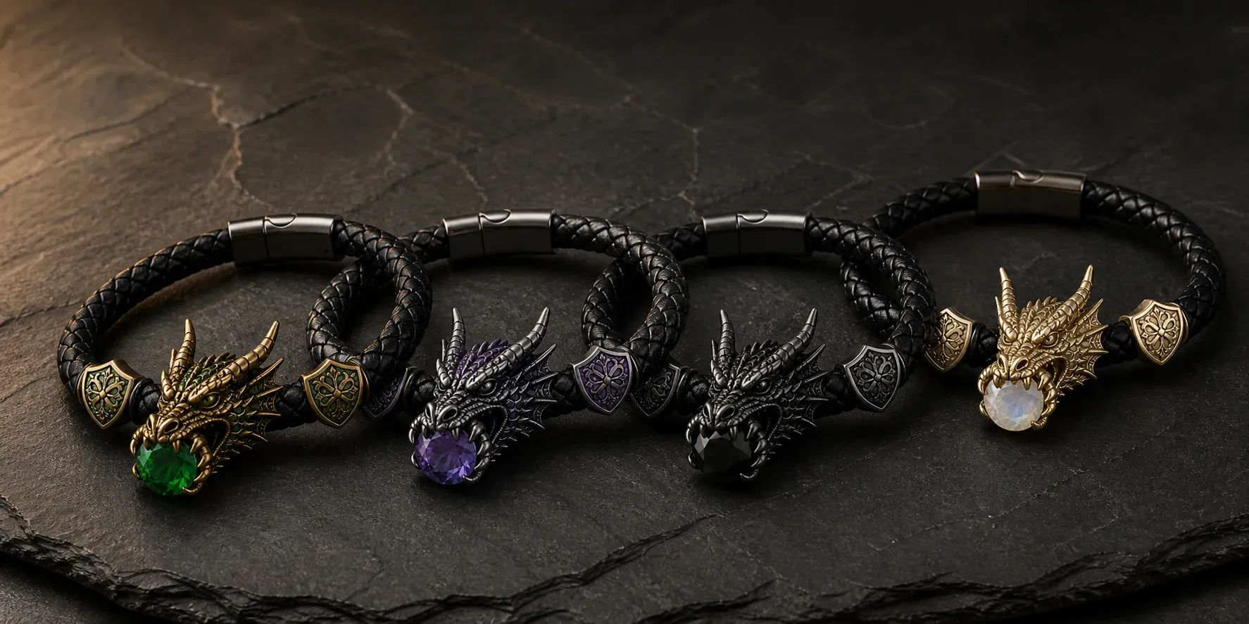 Four Dragonstone bracelet colorways on dark slate
