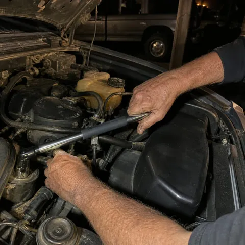 Older mechanic using the offset ratchet extension at night