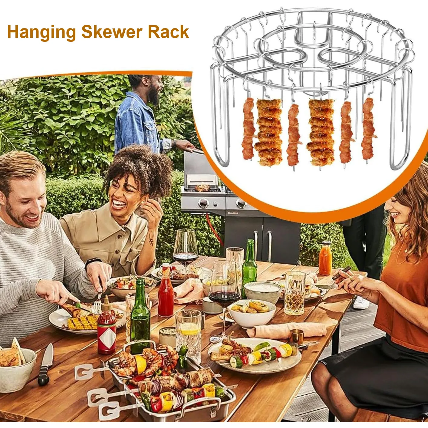 Hanging skewer rack for an outdoor gathering
