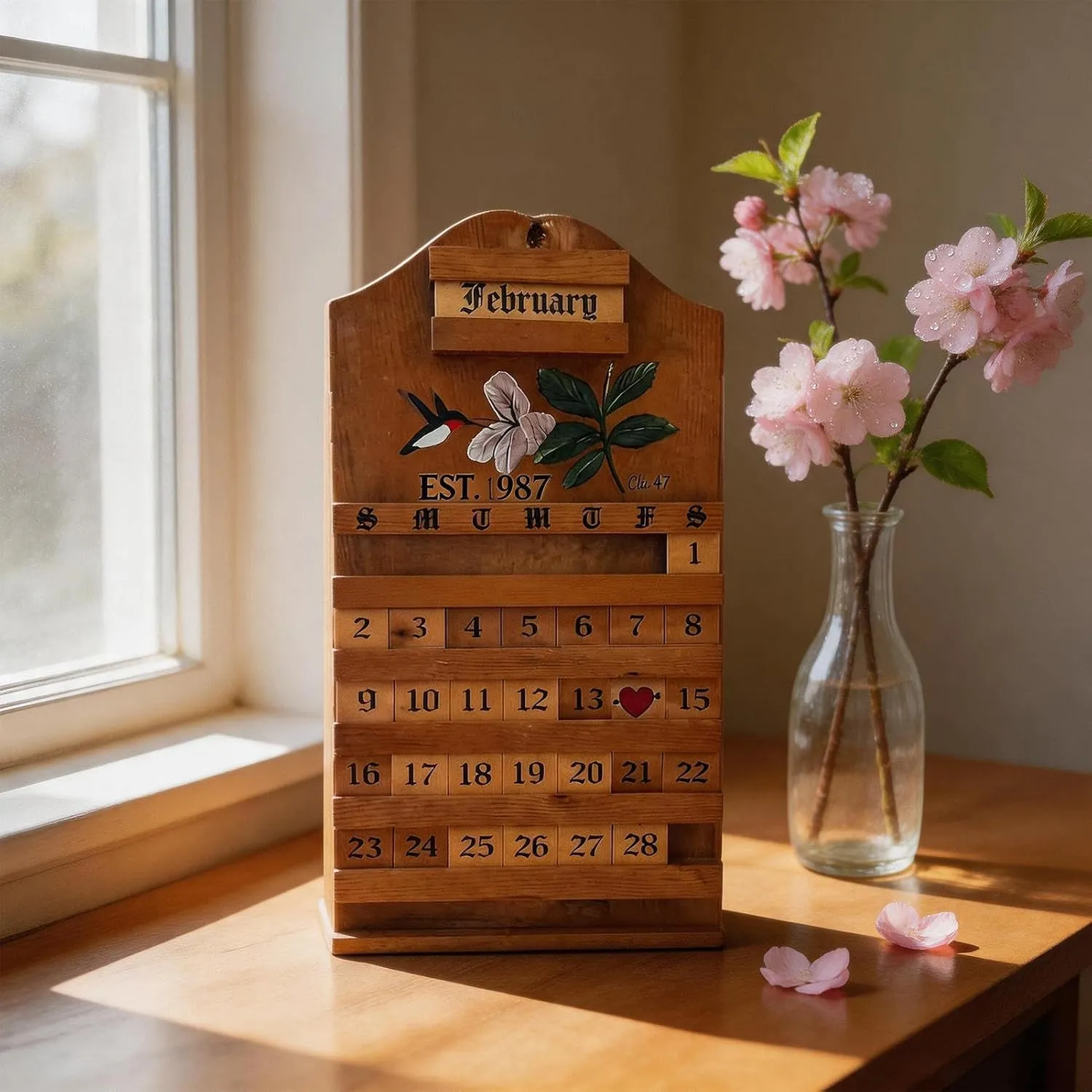 Wooden perpetual calendar displayed by a sunny window