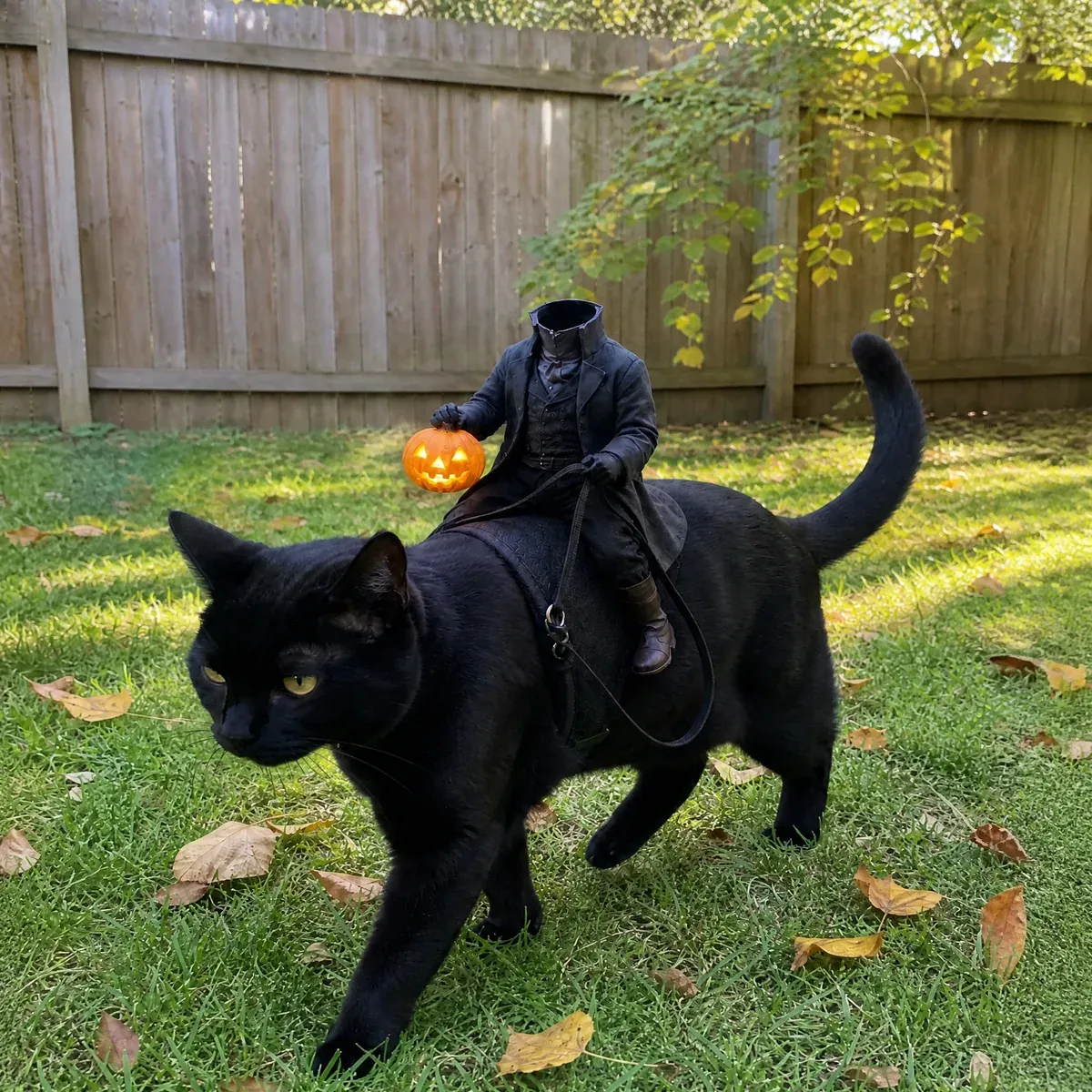 Black cat wearing funny Headless Horseman pet costume