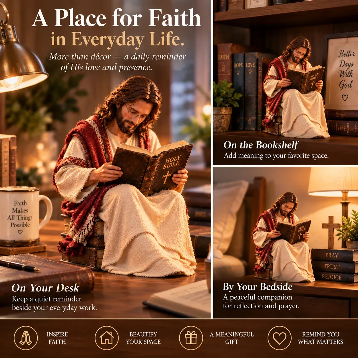 Jesus figurine displayed on desk bookshelf and bedside