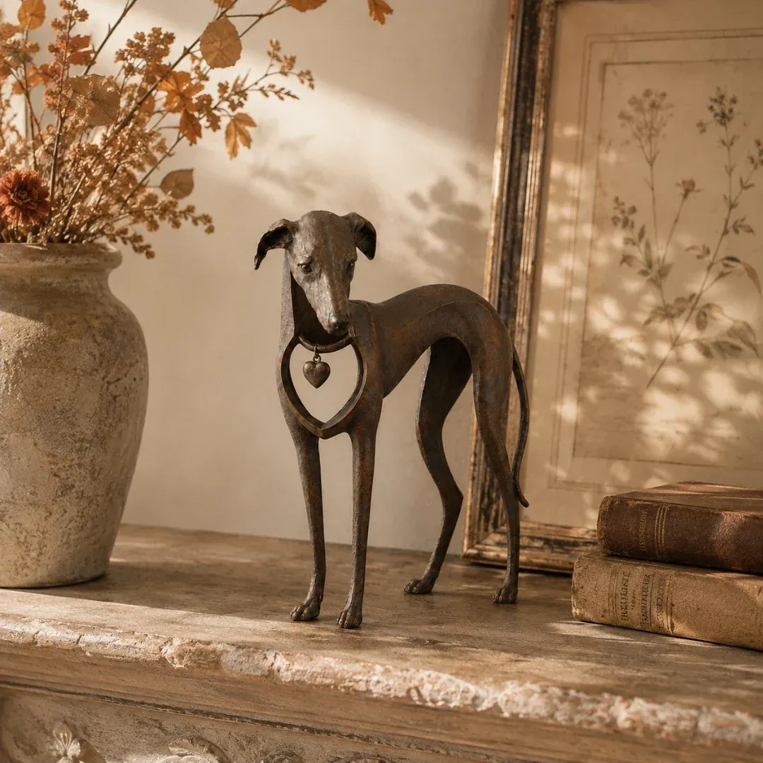 Vintage dog sculpture styled on a console table