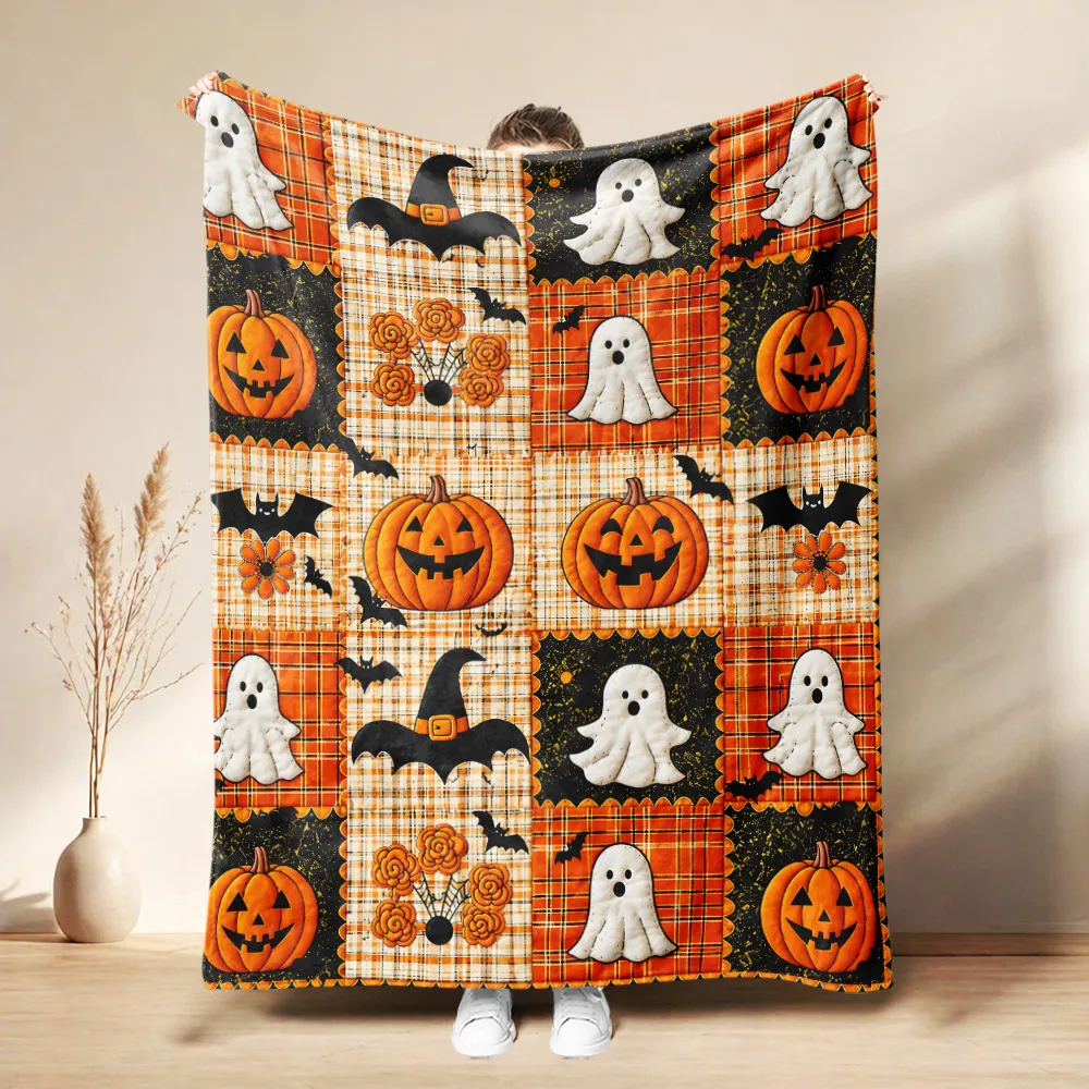 Pumpkin and Ghost Grid blanket design