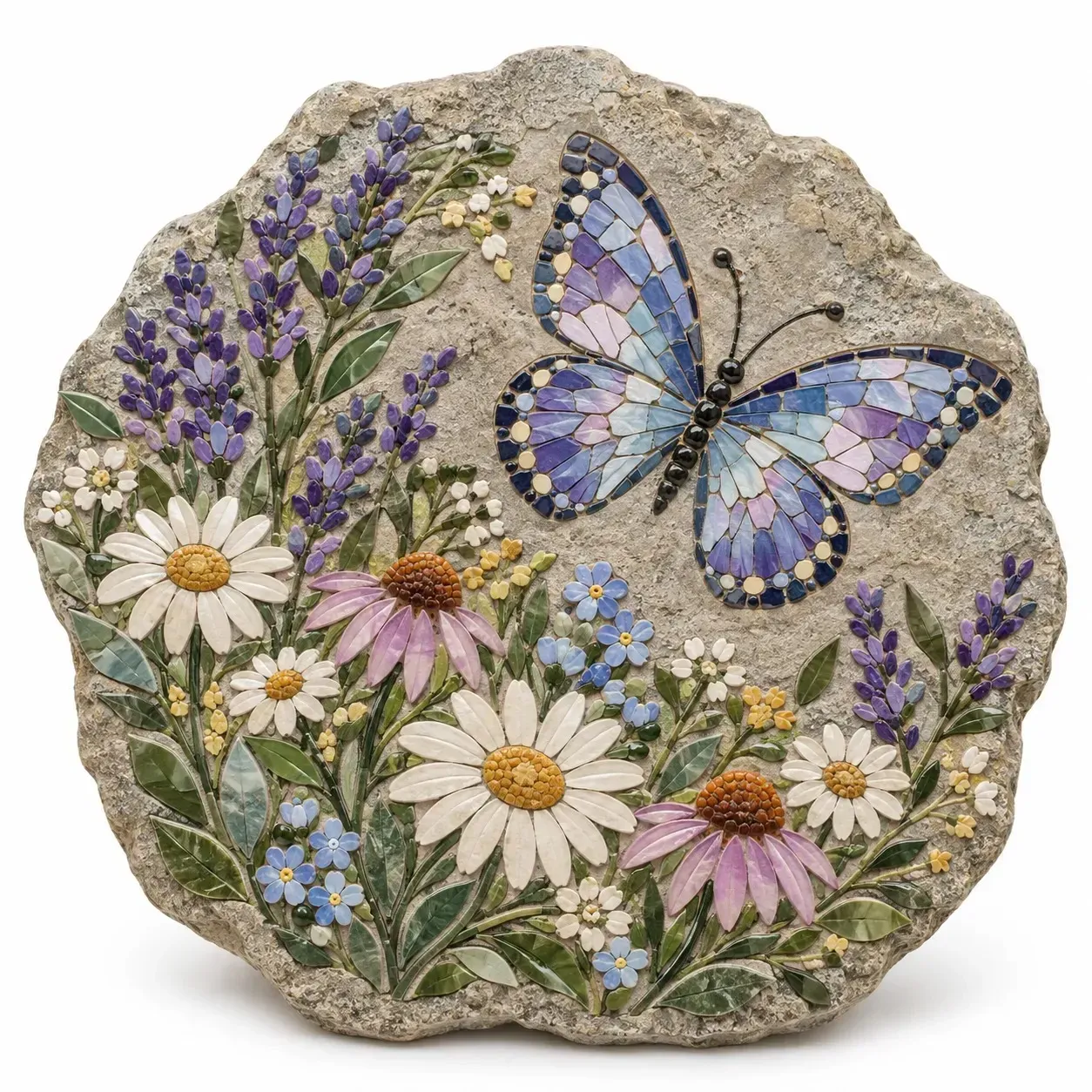 Complete butterfly and wildflower mosaic design on a plain white background