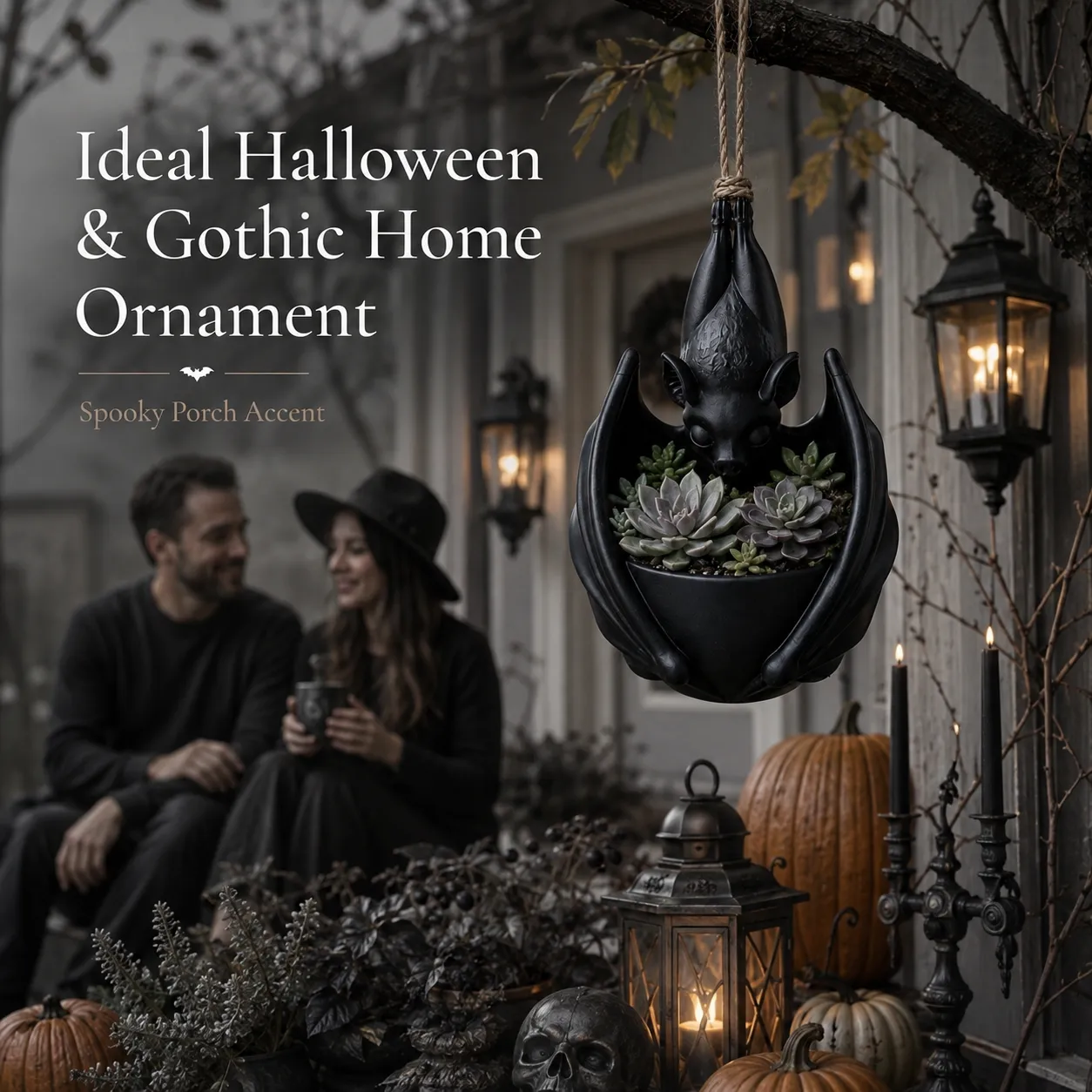 Hanging bat planter used as gothic Halloween home decor