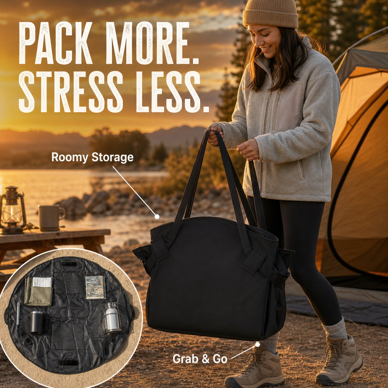 Woman carrying the black travel and camping storage tote Woman carrying the black travel and camping storage tote