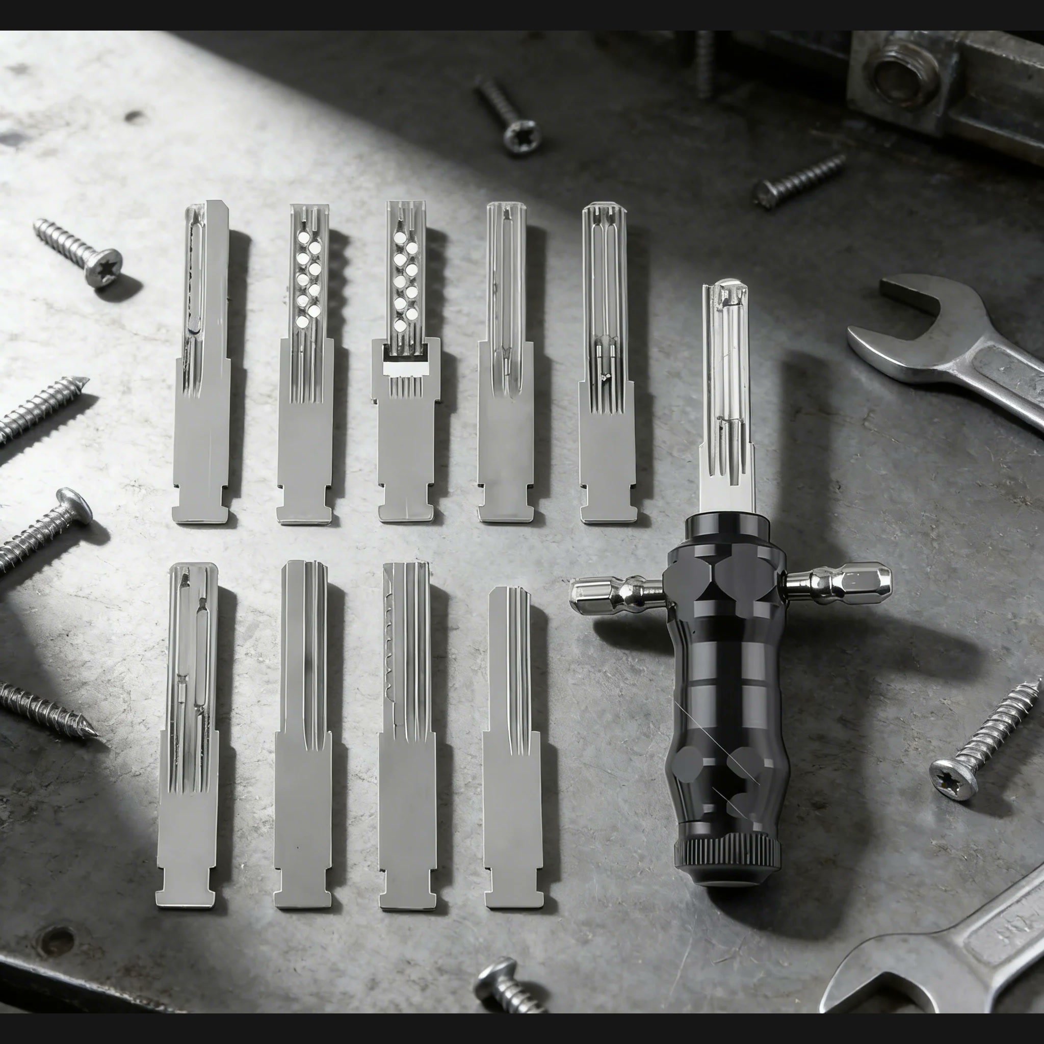 Black precision handle displayed with nine interchangeable silver blades