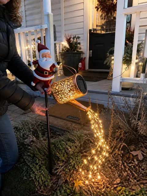 Warm white Santa garden light beside a front porch