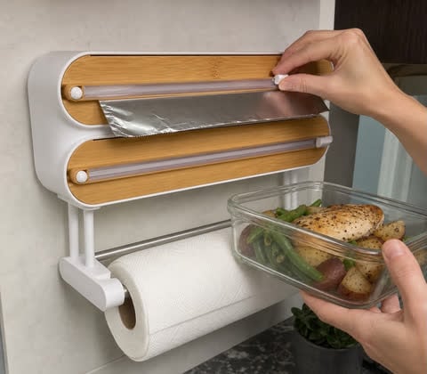 Customer cutting foil above a glass meal-prep container