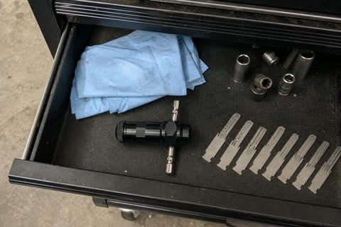 Customer-style photo of the precision kit stored in a rolling tool drawer