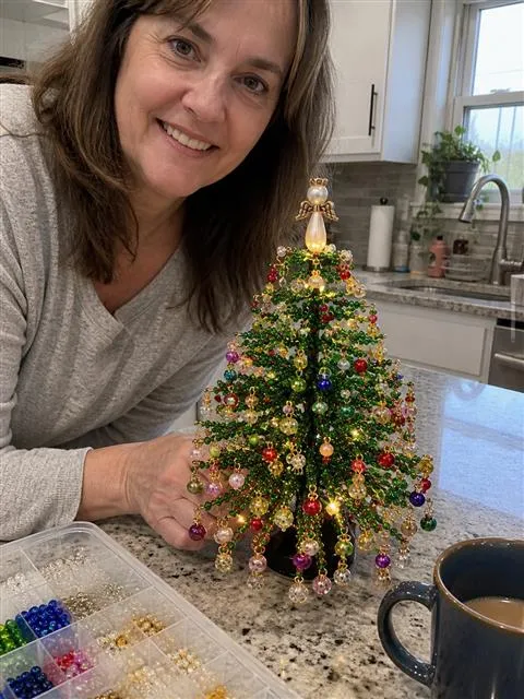 Finished beaded tree on a home kitchen island