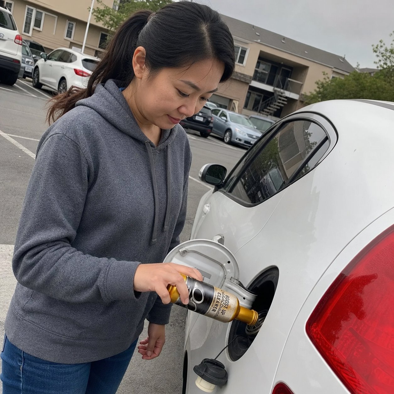 Customer adding the cleaner in an apartment parking lot