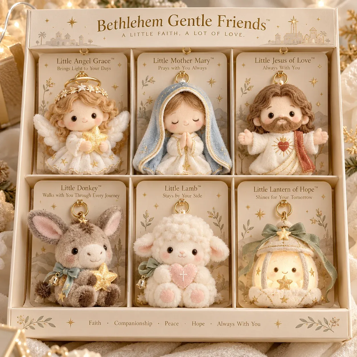Complete collection showing all six Bethlehem Gentle Friends in presentation packaging