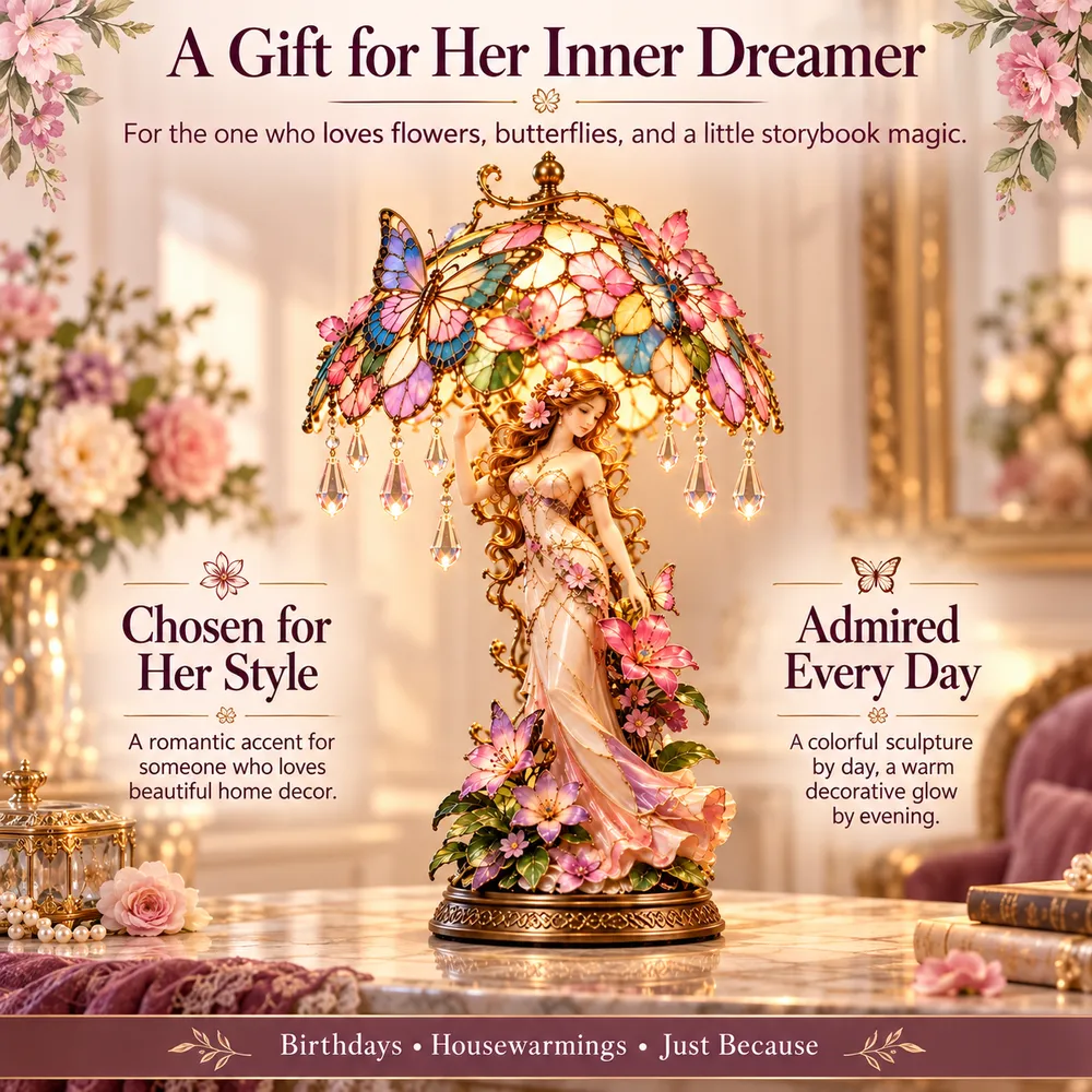 Gifting graphic presenting the lamp as a decorative gift for someone who loves flowers, butterflies and storybook charm