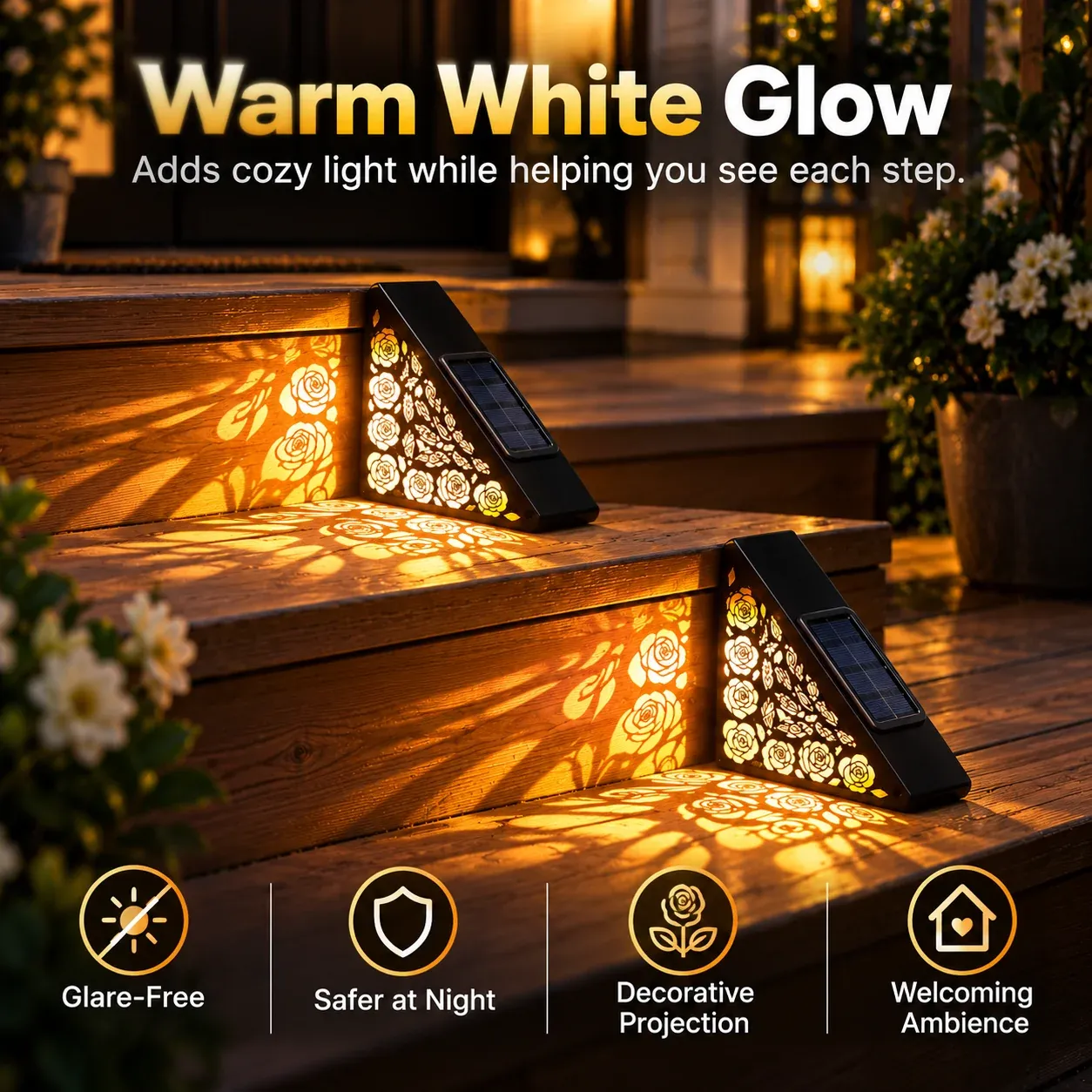 Solar step lights illuminating outdoor stairs after sunset