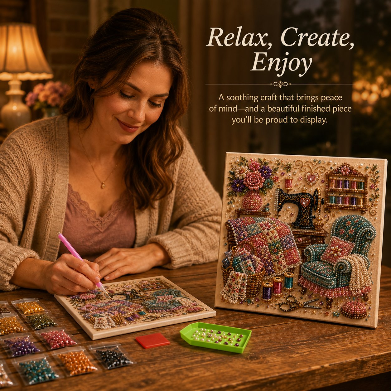 Woman relaxing at a table while working on a cozy sewing room diamond painting