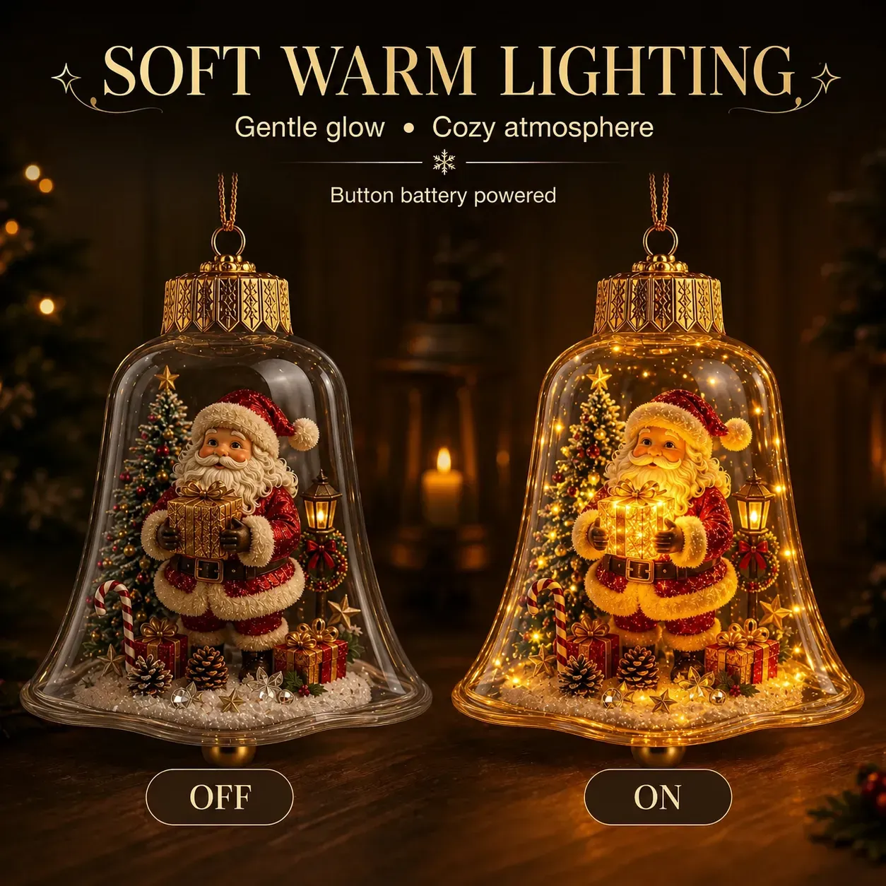 Light-off and light-on view of a Christmas story bell ornament