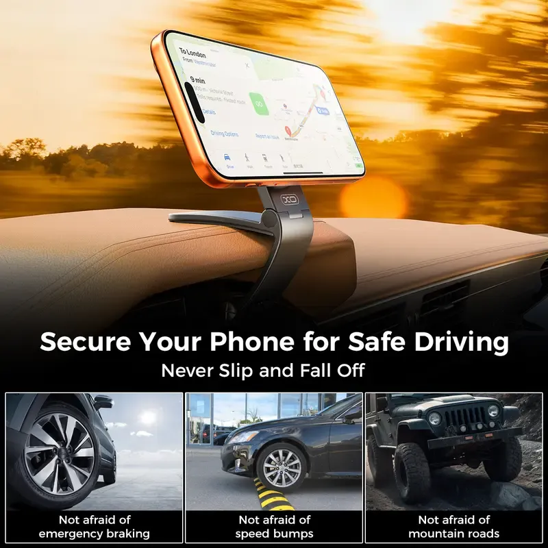 Magnetic phone mount shown on different road conditions